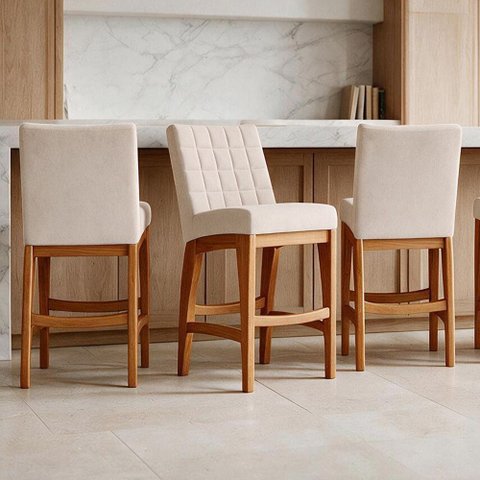 Kit 03 Banquetas Baixa para Cozinha Bancada Bar Sala Jantar Fixa Mila L02 Suede Bege - Lyam Decor Ba