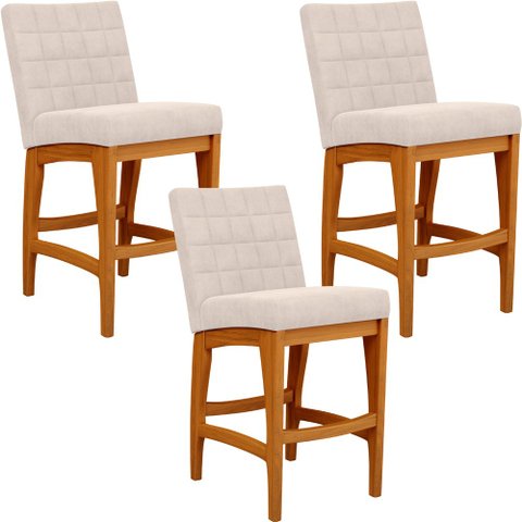 Kit 03 Banquetas Baixa Para Cozinha Bancada Bar Sala Jantar Fixa Mila L02 Suede Bege - Lyam Decor Ba