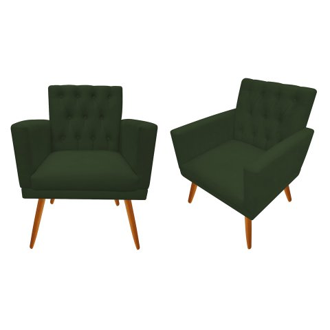 Kit 2 Poltronas Decorativa Nina Capitonê Suede Verde Pés Madeira Ms Decor