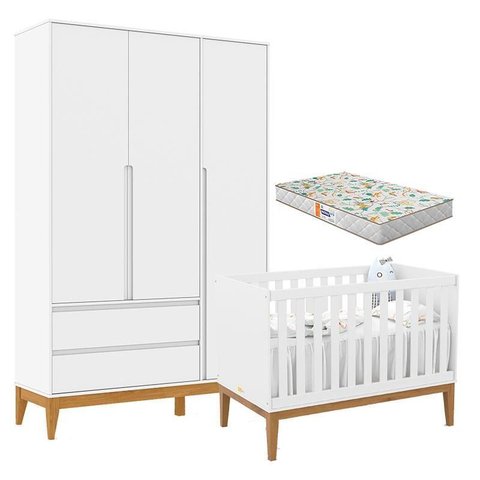 Berço Americano Unique e Guarda Roupa 3 Portas Nature Clean Branco Soft Eco Wood com Colchão Gazin –
