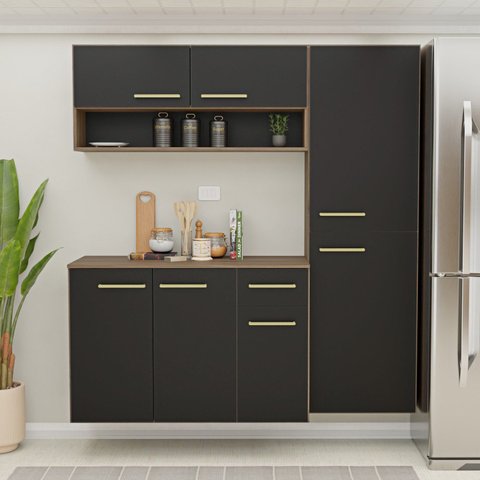 Cozinha Completa Modulada Suspensa com Armário Aéreo e Balcão Aura Preto/Nogal