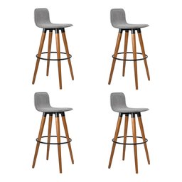 Kit 4 Banquetas Altas Luxo Versatil Aço Preto Linho Cinza Base Carvalho - 2