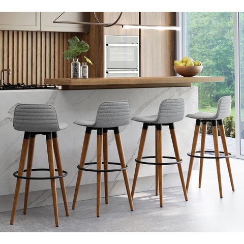 Kit 4 Banquetas Altas Luxo Versatil Aço Preto Linho Cinza Base Carvalho