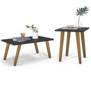 Conjunto 2 Mesas De Centro e Lateral - Sala de estar - Mesa Preta e Pé Natural