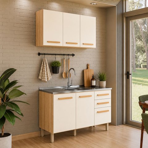 Conjunto de Cozinha Intenza 120cm com Aéreo e Balcão com Pia Freijó Off White Nicioli Ghelplus