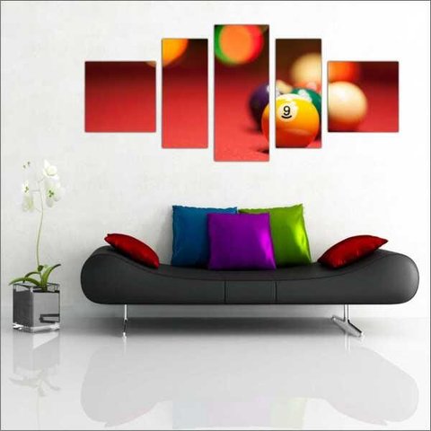 Quadro Decorativo Sinuca Bilhar Salas De Jogos Interiores Mosaico 5 Peças Com Moldura