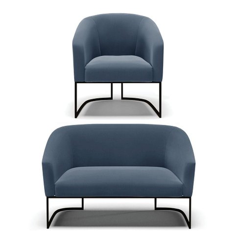 Sofá Namoradeira e Poltrona Base Industrial Preto Stella Suede D03 - D'Rossi Cor Azul Marinho