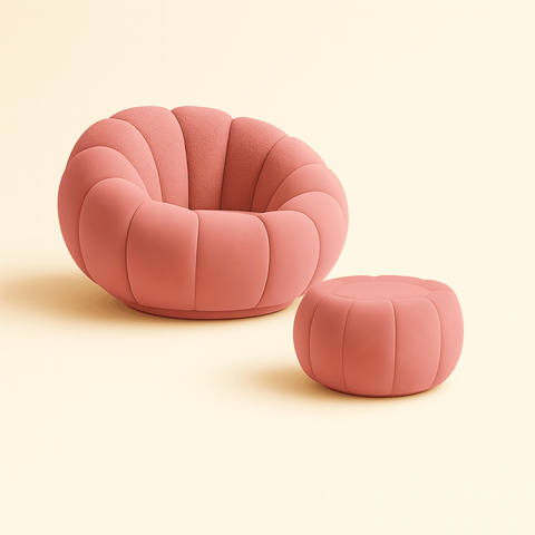 Kit Poltrona Decorativa Concha C/almofada e Puff Veludo Rosa Abobora - Montanaris Decor