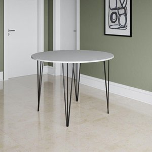 Mesa Jantar Redonda Branca Hairpin 90Cm Elen Base Ferro Preto - Preto