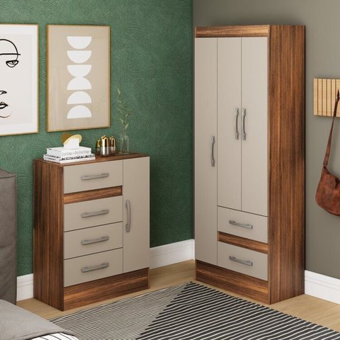 Quarto Completo com Guarda-Roupa 3 Portas 2 Gavetas e Cômoda 4 Gavetas e 1 Porta Colorido/Castanho/Off-White