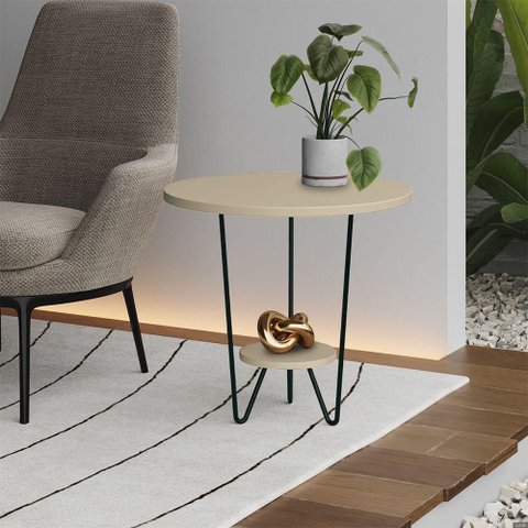 Mesa Lateral Redonda Industrial Italy Ferro Preto e Tampo Off-white