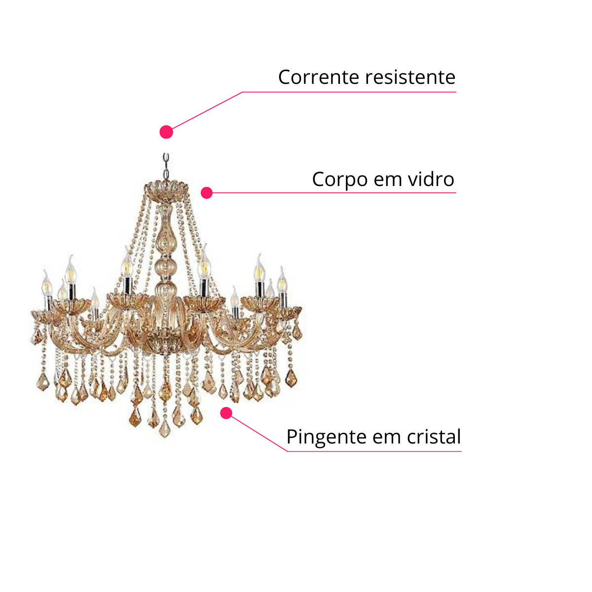 Lustre Candelabro Pendente Luxo Cristal Legitimo Cor Âmbar 12 Braços Sala Quarto Escritório Inl54 - 5