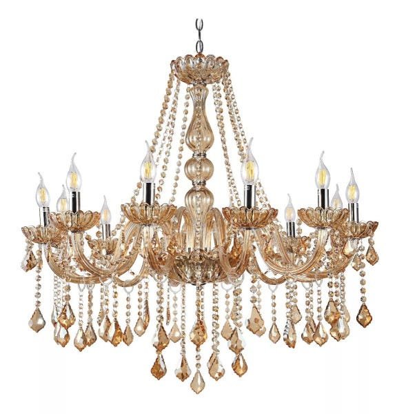 Lustre Candelabro Pendente Luxo Cristal Legitimo Cor Âmbar 12 Braços Sala Quarto Escritório Inl54