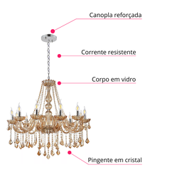 Lustre Candelabro Pendente Luxo Cristal Legitimo Cor Âmbar 12 Braços Sala Quarto Escritório Inl54 - 5