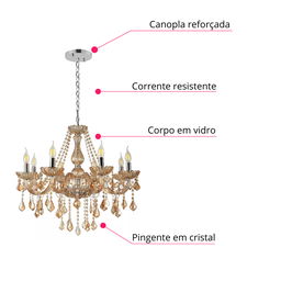 Lustre Candelabro Pendente Luxo Cristal Legitimo Âmbar 8 Braços Sala Quarto Escritório Cozinha Inl51 - 7