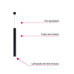 Pendente Tubo Tubeto Preto Lustre Cozinha Ilha Quarto Escritório 4cmx40cm Lâmpada Led Inclusa Inl44 - 5