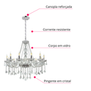 Ver imagem 7 de Lustre Candelabro Pendente Luxo Cristal Legitimo Transparente 12 Braços Sala Quarto Cozinha Inl53