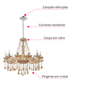 Ver imagem 7 de Lustre Candelabro Pendente Luxo Cristal Legitimo Âmbar 10 Braços Sala Jantar Sala Estar Quarto Inl52