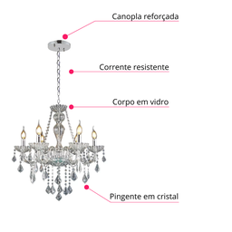 Lustre Candelabro Pendente Luxo Cristal Legitimo Cor Transparente 6 Braços Sala Jantar Quarto Inl25 - 4