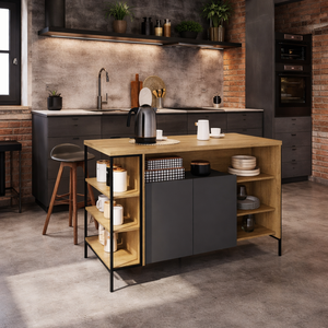 Ilha Bancada Mesa Cozinha para Banquetas com Prateleiras:mel com Grafite