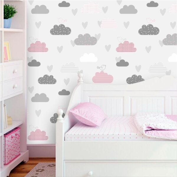 Adesivo de Parede Nuvens Cinza e Rosa com Pássaros - 1