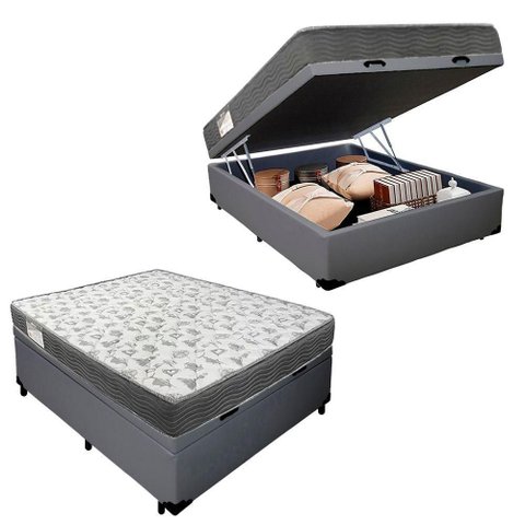 Cama Box Baú Casal Sintético + Colchão de Molas Ensacadas Sereneprime 138x188x62cm Cinza