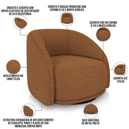Kit 02 Poltronas Decorativas Giratória Angelina M03 Linho Telha - Lyam Decor - 4
