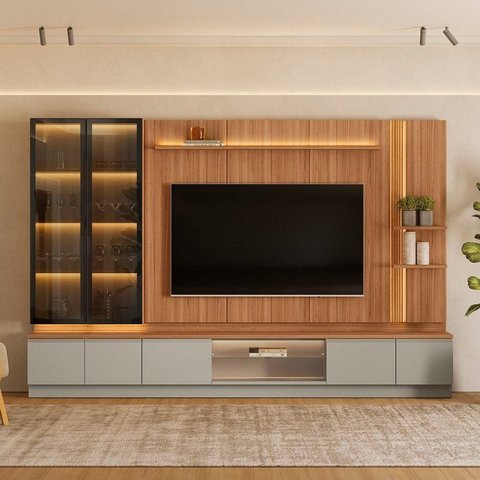 Conjunto Estante Modular Magnum com LED para TV 75 Polegadas Canela e Gris