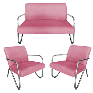 Kit Namoradeira + 2 Poltronas Decorativa Bela Suede Rosa Braço Cromado