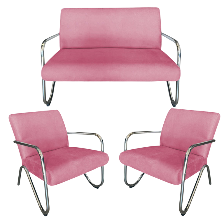 Kit Namoradeira + 2 Poltronas Decorativa Bela Suede Rosa Braço Cromado Kit Namoradeira + 2 Poltronas Decorativa Bela Suede Rosa Braço Cromado