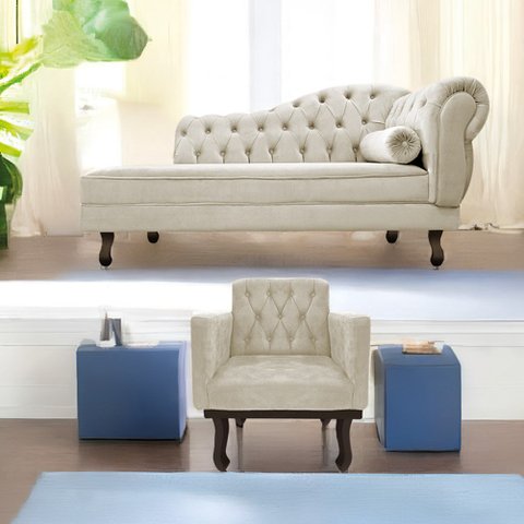 Kit Diva Recamier Juliana 140cm Lado Esquerdo e 01 Poltrona Classic Linho Bege - Amarena Móveis