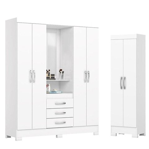 Guarda Roupa 04 Portas e 03 Gavetas Nápole com Armário Multiuso 2 Portas 3 Prateleiras B387 Branco -