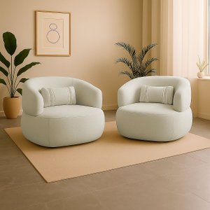 Kit 2 Poltrona Orgânica Chloe Boucle Bege Redonda Decorativa com Almofada Plumante - Arkell