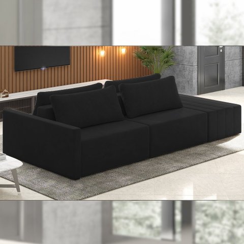 Sofá Ilha Modulado Milos 252cm Puff Lateral Veludo Cinza Escuro G33 - Gran Belo