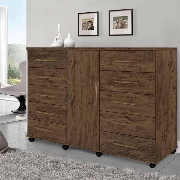 Cômoda com Cabideiro 10 Gavetas Titan Amêndoa Wood | MadeiraMadeira