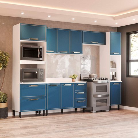 Armário de Cozinha Modulada Completa 5 Peças 310cm com Tampo 100% Mdf Amara Politorno Móveis