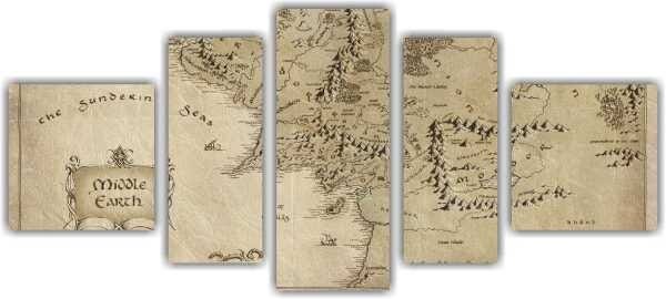 Quadro Decorativo Mapa Mundo Senhor Dos Anéis Quartos Salas Interiores Mosaico 5 Peças Com Moldura - 2