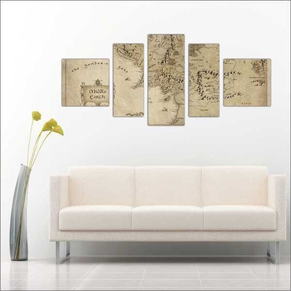 Quadro Decorativo Mapa Mundo Senhor Dos Anéis Quartos Salas Interiores Mosaico 5 Peças Com Moldura - 4