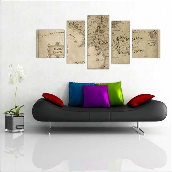Quadro Decorativo Mapa Mundo Senhor Dos Anéis Quartos Salas Interiores Mosaico 5 Peças Com Moldura - 1