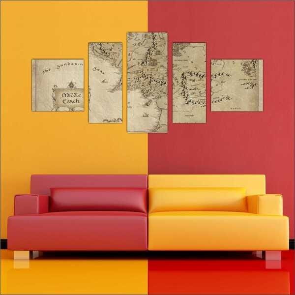 Quadro Decorativo Mapa Mundo Senhor Dos Anéis Quartos Salas Interiores Mosaico 5 Peças Com Moldura - 3