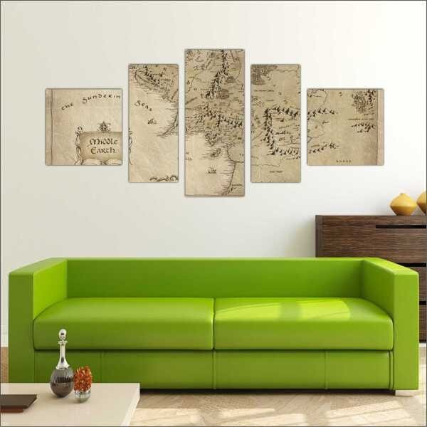 Quadro Decorativo Mapa Mundo Senhor Dos Anéis Quartos Salas Interiores Mosaico 5 Peças Com Moldura - 5