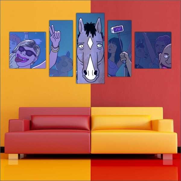 Quadro Decorativo BoJack Horseman Desenho Cinema Salas Interiores Mosaico 5 Peças Com Moldura - 4