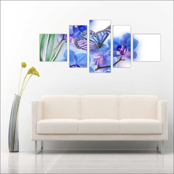 Quadro Decorativo Flores Borboletas Paisagens Natureza Interiores Mosaico 5 Peças Com Moldura - 1