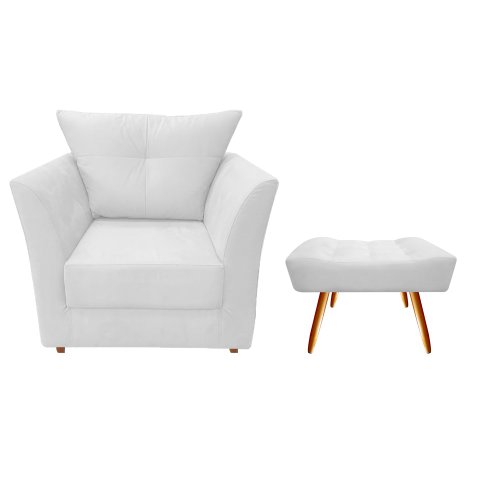 Kit Poltrona Decorativa Isis + Puff Retangular Couro Branco Pés Madeira Ms Decor