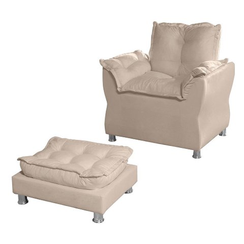 Poltrona de Decoração e Escritoria e Sala de Estar Opala Turna Bege + Puff Descanso de Pes