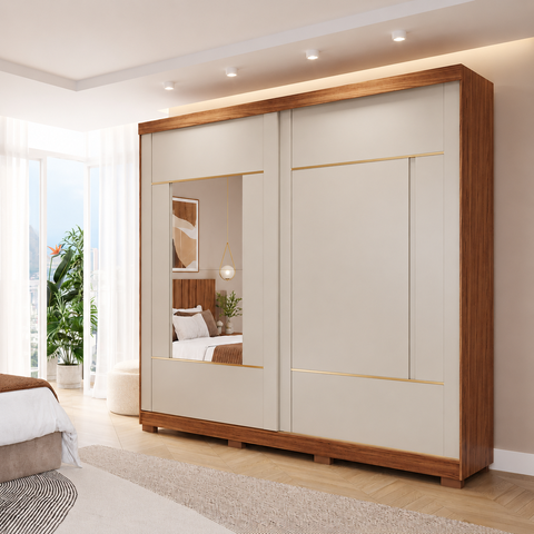 Guarda-Roupa Casal Elise 2 Portas de Correr 4 Gavetas com Espelhos e Pés Pm Home