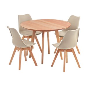 Conjunto Mesa de Jantar Redonda Vertice Madeira Maciça 105cm com 4 Cadeiras Leda Design Nude