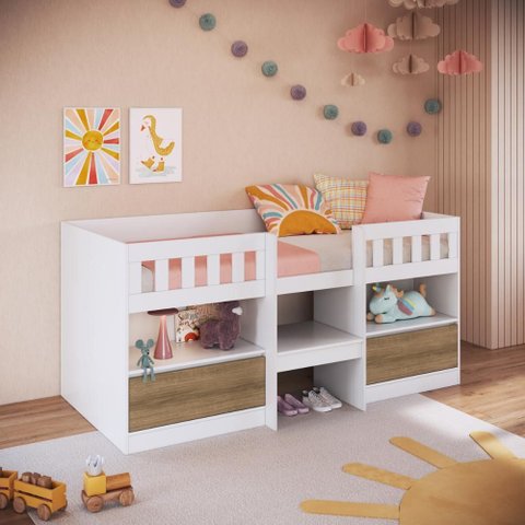 Cama Multifuncional Infantil Solteiro com 2 Portas 2 Nichos CI6080 190cm Branco/Mel - Art In Móveis