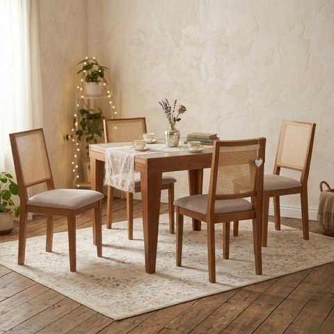 Conjunto de Jantar Tock com 4 Cadeiras Madeira Maciça Vidro Mel