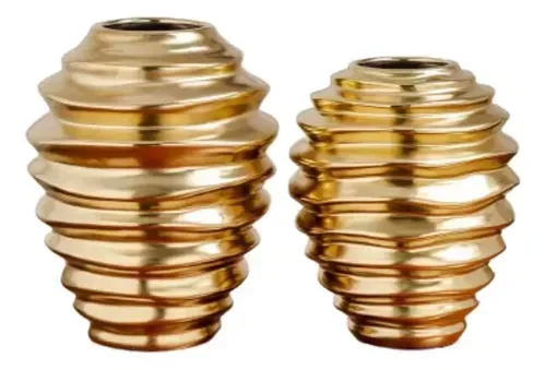 Jogo 2 Vasos Decorativos Dourado Anelado Arranjos 32x19